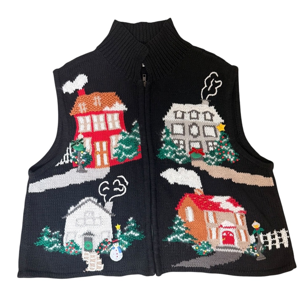 Bechamel Vintage Christmas Sweater Vest Black Winter Village Ramie Cotton Large